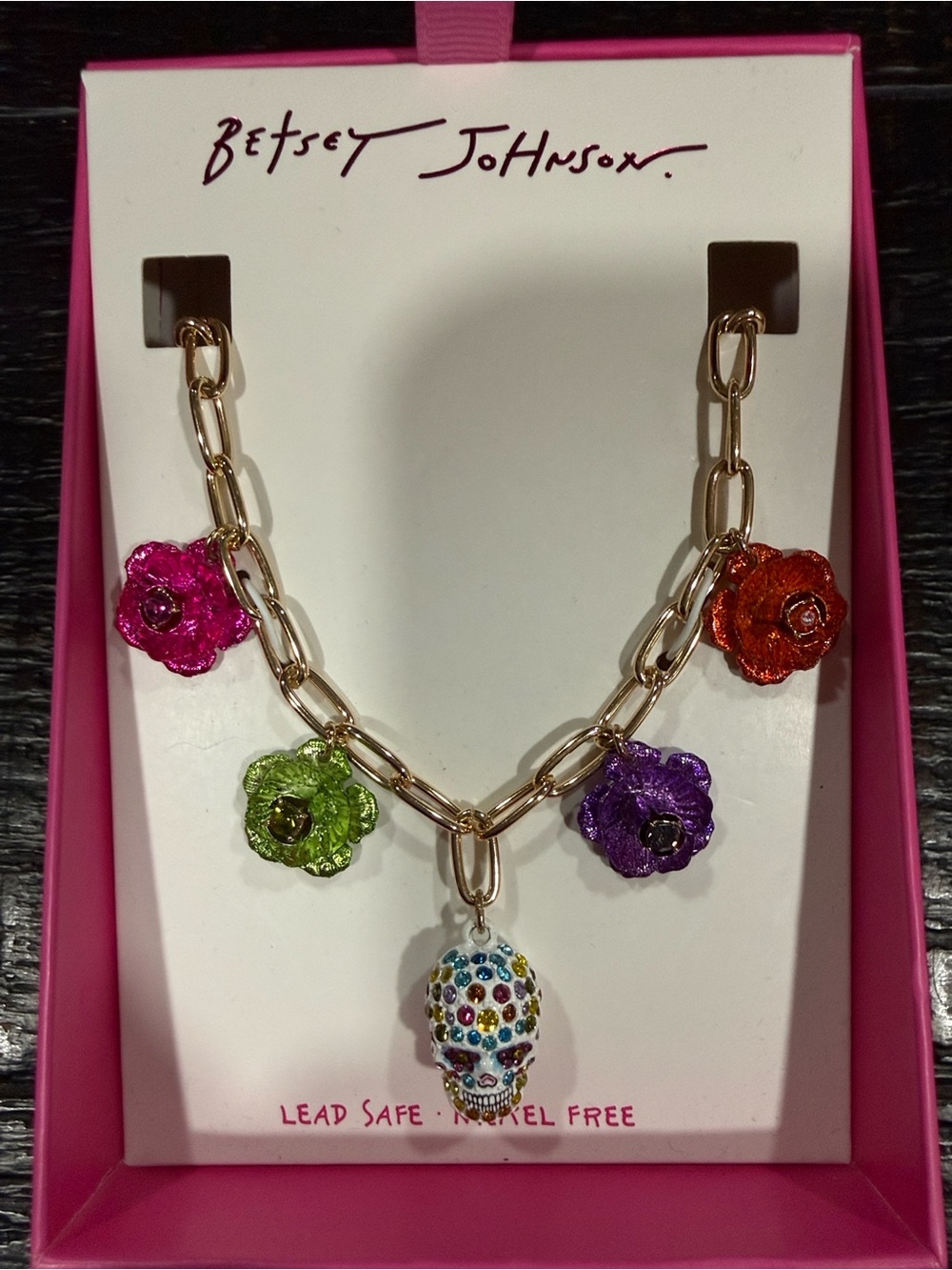Betsey Johnson Multicolor Flower & Crystal Skull Charm Necklace - Pink Box
